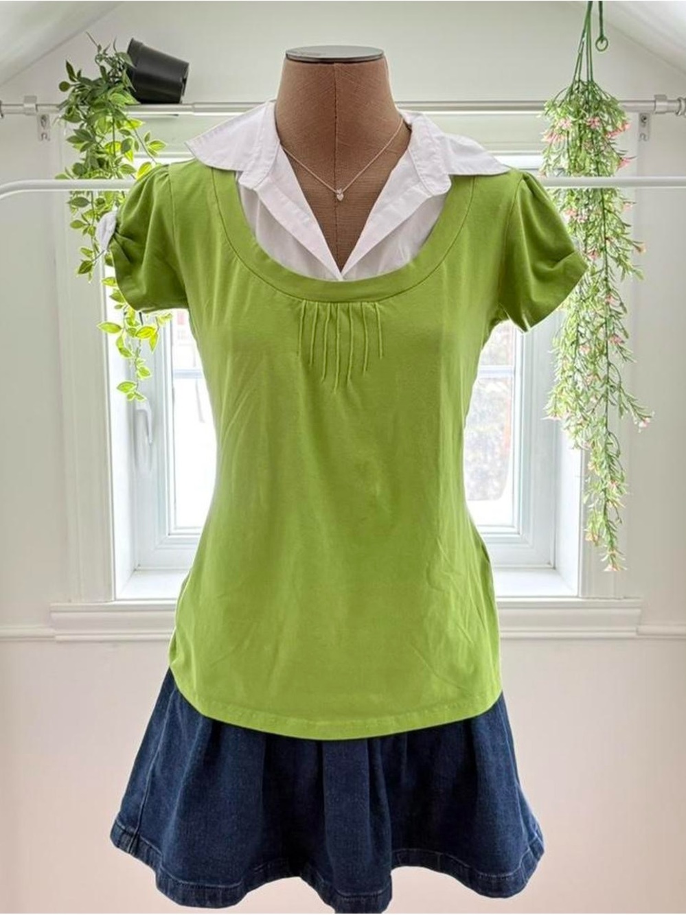 Lime Green Short Sleeve Scoop Neck Tee with Pintuck Detail